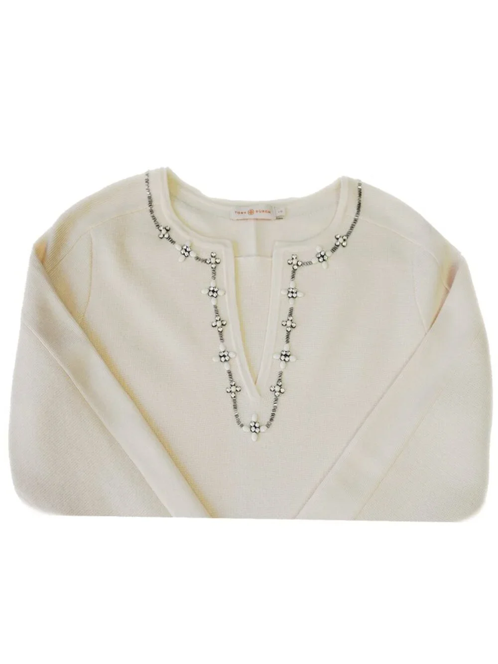 Tory Burch Women’s Pullover Merino Sweater Jeweled Split V-Neck Size L NEW